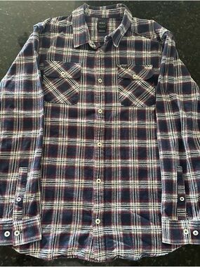 RVCA Men's Navy, Red and White Plaid Button-Up Shirt